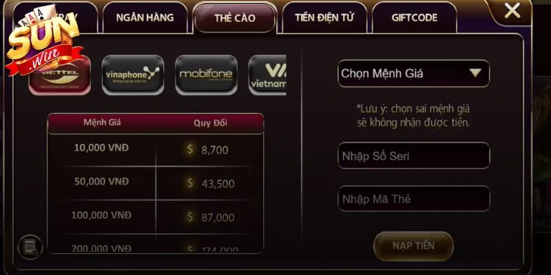 Thẻ cào hỗ trợ nạp tiền Sunwin nhanh gọn linh hoạt