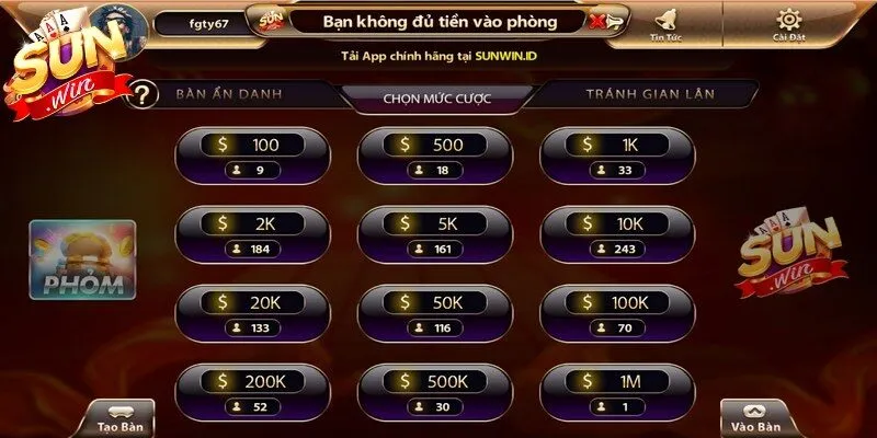 Cách xếp hạng sau mỗi ván phỏm Sunwin